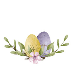 Easter watercolor composition with colorful eggs and green leaves. Spring composition.