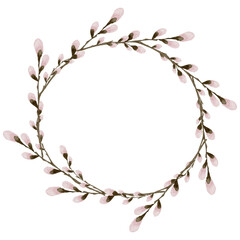 Watercolor wreath with pink pussy willows. Spring easter frame.