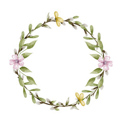 Watercolor wreath with pink and yellow flowers and green leaves. Spring easter frame.