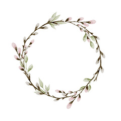 Watercolor wreath with pink pussy willows and green leaves. Spring easter frame.