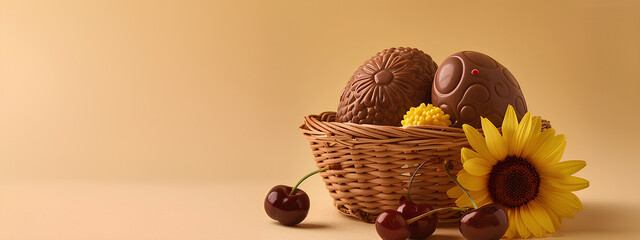 Chocolate carved Easter eggs in basket with sunflowers and cherries on yellow background. Culinary and holiday concept. For Easter celebration. Dessert food photo for wallpaper, banner, poster, card