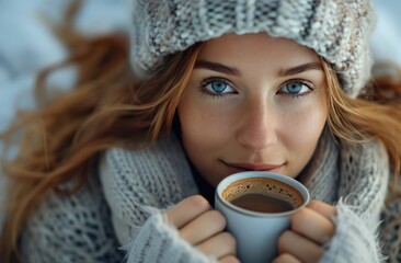 young woman in winter relaxing with a cup of coffee