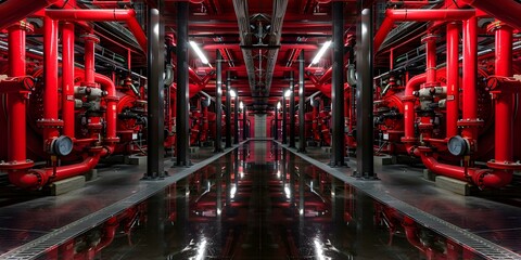 A room filled with fire protection piping and equipment. Concept Fire Protection Systems, Safety Equipment, Fire Sprinkler Systems, Fire Alarm Systems, Emergency Exits