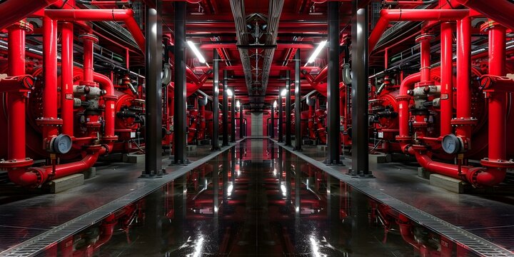 A room filled with fire protection piping and equipment. Concept Fire Protection Systems, Safety Equipment, Fire Sprinkler Systems, Fire Alarm Systems, Emergency Exits
