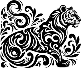 tiger, animal, fauna, mammal, zoo, wildlife, safari, african, nature, wild, predator, pet, sea life, africa, carnivore, ink, hunting, elegant, ornament, victorian, flower, decoration, floral, leaf, cu