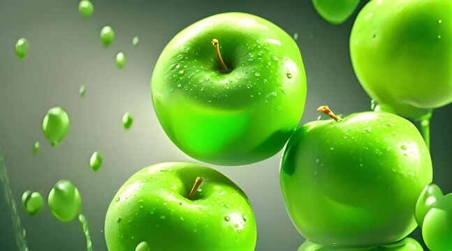 Green apples falling in super slow motion with water drops against a natural background, creating an endless seamless loop in a 3D animation.