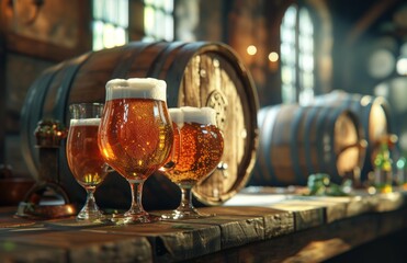 several glasses of beer sit next to a barrel on a wooden background