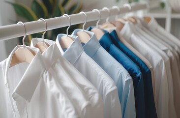 white and blue shirts are hanging on a white cloth