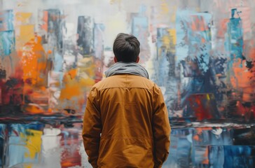 Obraz premium man looking at oil painting in an art gallery