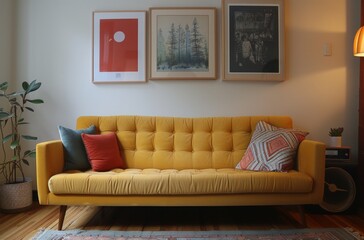 some photos on one wall next to a yellow couch