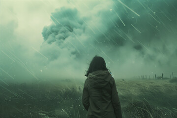Woman facing a brewing storm, concept of facing adversity or mental health challenges. Suitable for emotional wellness campaigns and dramatic cinematic backgrounds.