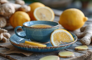 Fototapeta premium ginger tea with ginger root on a table with a slice of lemon on top of it