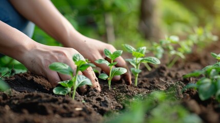 Close-up Hands Planting Young Seedlings in Soil