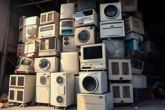 Generative AI image of an orderly stack of outdated electronic appliances, including air conditioners and microwaves, in a warehouse setting, depicting the need for responsible e-waste management