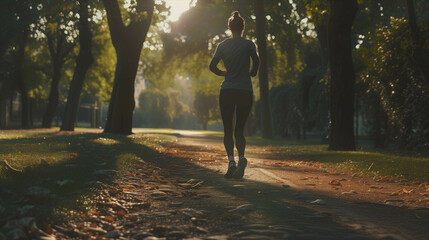 Rear view of female athlete in exercise clothes running in the park. - obrazy, fototapety, plakaty