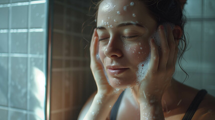 Caucasian woman washing her face in the bathroom.