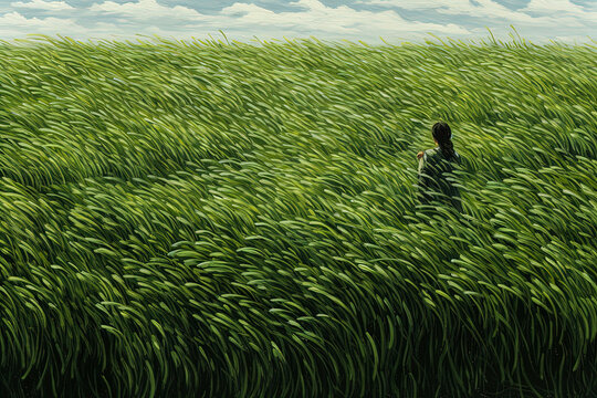 Generative AI image of an unrecognizable person standing amidst a dense field of green grass, viewed from behind under a cloudy sky, evoking a sense of solitude and contemplation