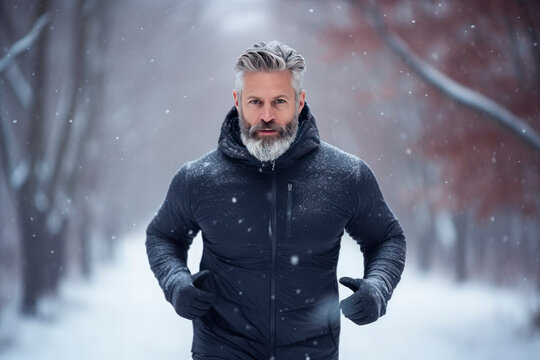 Mature man braving the snow in a winter forest. Generative AI image