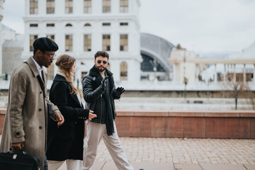 Group of young business professionals having an outdoor meeting in the city.