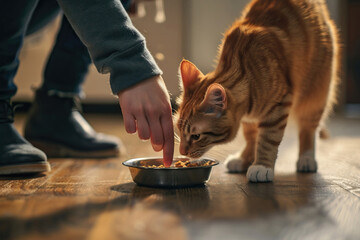 Gentle interaction with a curious ginger cat at feeding time. Generative AI image - obrazy, fototapety, plakaty