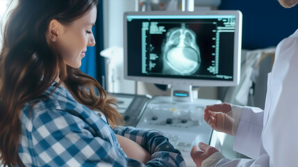 Obraz na płótnie Canvas Caucasian woman undergoes pregnancy ultrasound at hospital.