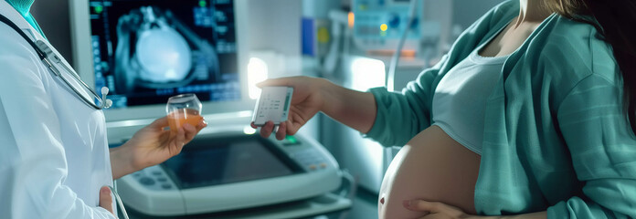 Caucasian woman undergoes pregnancy ultrasound at hospital.