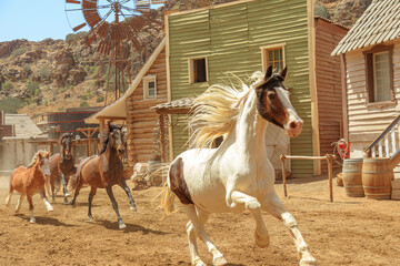 Wild horses running in wild west of American frontier.