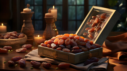  Indulge in the sensory pleasures of Ramadan with the delightful combination of dates and almonds. - obrazy, fototapety, plakaty