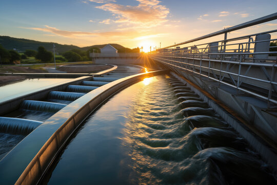 Generative AI image of a serene wastewater treatment plant at sunset