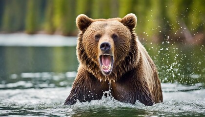 grizzly bear growling in water at camera - obrazy, fototapety, plakaty