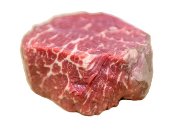 A raw round cut of beef steak, with distinct marbling, ready for cooking. The steak's surface shows intricate muscle patterns and is highlighted against a plain white background.