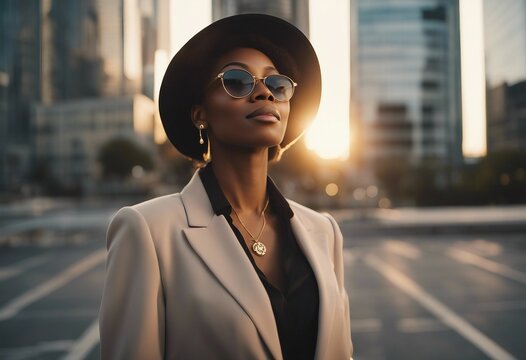 Happy wealthy rich successful black businesswoman standing in big city modern skyscrapers street with sunglasses and hat in suit
