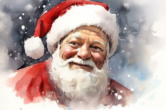 Portrait santa watercolor banner. Happy xmas holiday. Generate Ai