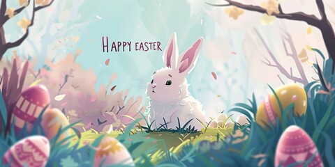 HAPPY EASTER a white bunny and easter eggs in a colorful land filled with grass and trees Generative AI