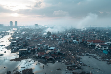 Polluted landscape with water contamination and littered garbage in a shantytown. Environmental crisis and pollution concept, suitable for awareness campaigns and ecological presentations. - obrazy, fototapety, plakaty