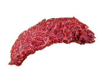 Fototapeta premium A raw steak with a distinct crescent shape, showcasing fine marbling and deep red hues. The steak is ready for cooking, set against a plain white background to highlight its quality.