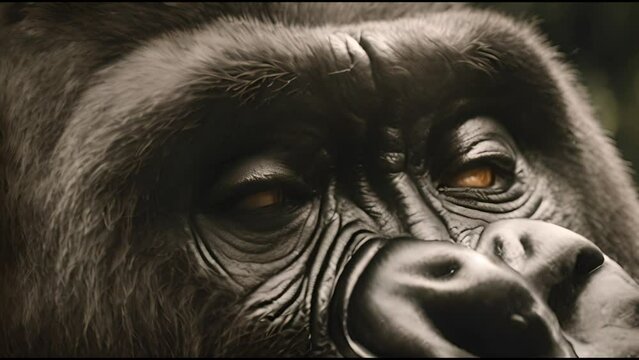 Close-up view of cute gorilla face opening his eyes.
