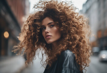 High fahion model Beautiful girl with big long curly natural hair posing  Curly hairstyle brunette on a street