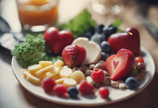 Healthy Heart Food Overhead view of a group of fruit for heart care and lower cholesterol shot on white plate for desert snack
