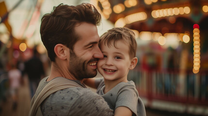 Caucasian father holding son in amusement park. - obrazy, fototapety, plakaty