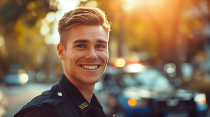A Caucasian male police officer smiles with confidence while working the streets. - obrazy, fototapety, plakaty