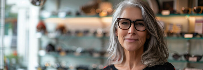 Caucasian woman tries on fashionable eyeglasses in eyeglasses store. - obrazy, fototapety, plakaty