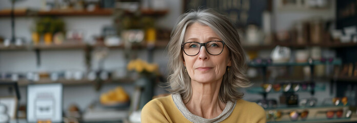 Caucasian woman tries on fashionable eyeglasses in eyeglasses store.