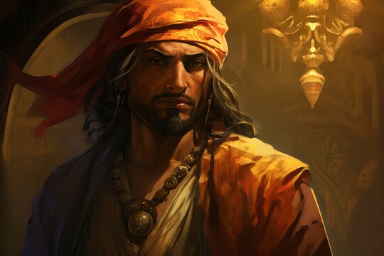 Sinbad portrait. Costume islamic fantasy. Fictional person. Generate Ai