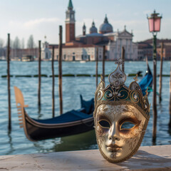 Venetian Mask Overlooking Grand Canal with Gondolas and Historic Architecture