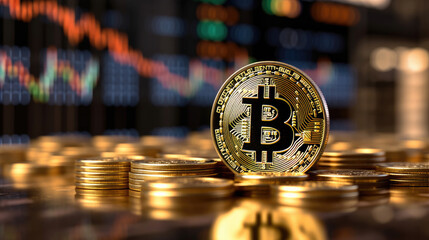 The pile of Bitcoin coins with blurred stock market view background