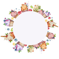 watercolor round frame of sweets of fruits and berries: various cupcakes with cream lollipops blackberry raspberry kiwi orange. for the design and decoration of windows, menus, bakeries, posters.