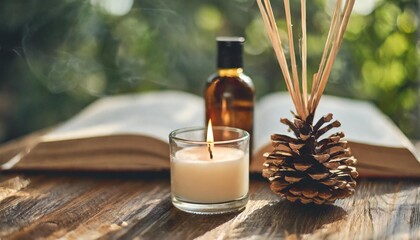 aroma diffuser burning candle pine essential oil and perfume on wooden table cozy home decor hygge and aromatherapy concept comfortable atmosphere fresh smell book reading