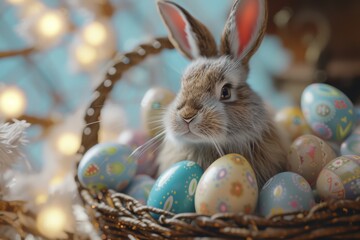 Happy Easter Eggs Basket nest. Bunny in flower easter snapdragon decoration Garden. Cute hare 3d rose petal easter rabbit spring illustration. Holy week red bunny card wallpaper rose quartz