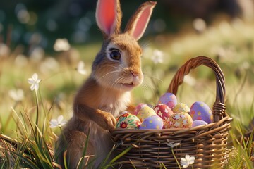 Happy Easter Eggs Basket hope. Bunny in flower easter peony decoration Garden. Cute hare 3d rebirth easter rabbit spring illustration. Holy week scripted message card wallpaper Rosebud Pink